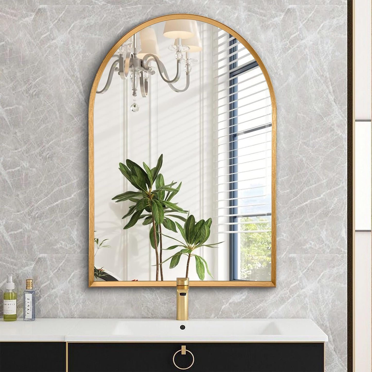 Black Arched Mirror, Modern Bathroom Wall Mirror Aluminum Alloy Framed Mirror Brushed Metal Vanity Wall Mounted Mirror for Livingroom Bedroom Entryway Room 16"x12"