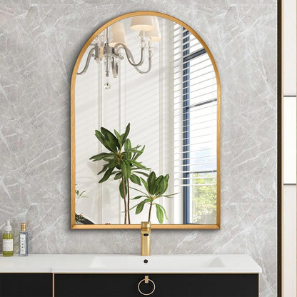 Black Arched Mirror, Modern Bathroom Wall Mirror Aluminum Alloy Framed Mirror Brushed Metal Vanity Wall Mounted Mirror for Livingroom Bedroom Entryway Room 16"x12"