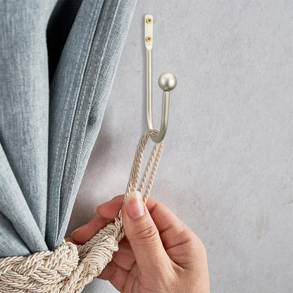 2 Pack Curtain Holdbacks - Silver, Decorative Drapery Wall Hooks with Hardware, Curtain Pull Back Hooks, Metal Curtain Tiebacks Wall Mounted, Window Side Holders for Drapes, Curtain Accessories