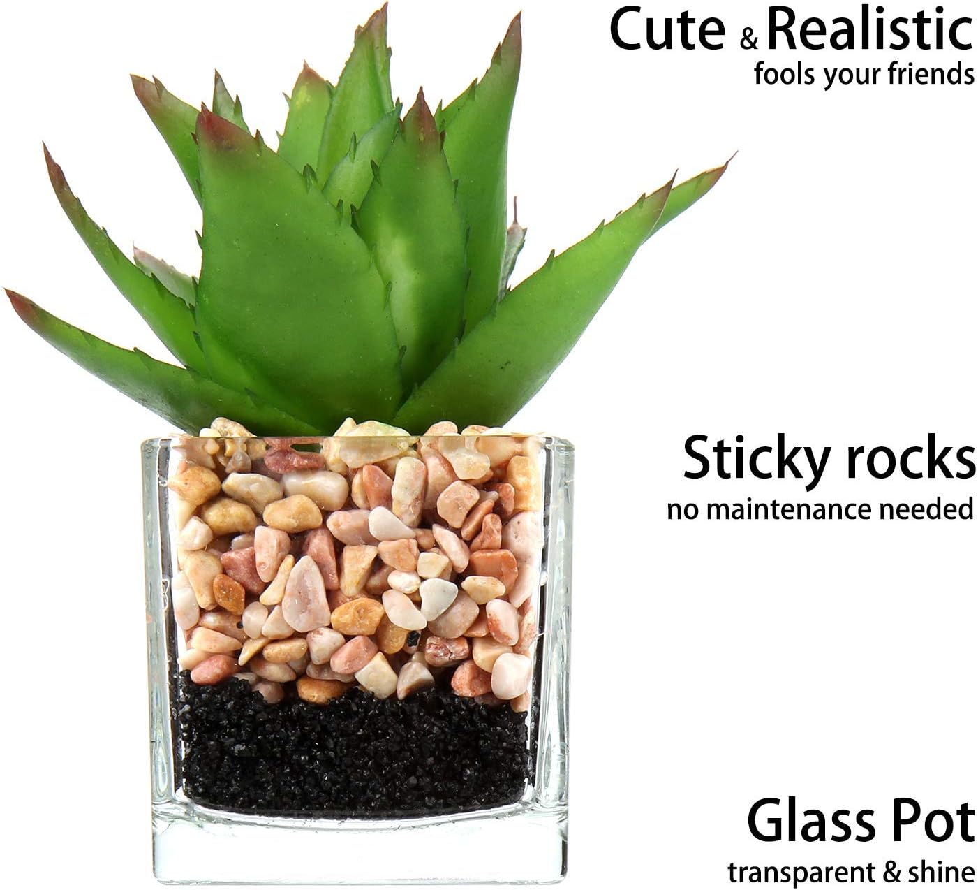 Briful Mini Fake Plants 4 Packs Succuletns Artificial Potted Plants in Cube Glass Vase Faux Succulents for Bathroom Living Room Kitchen Shelf Table Decor