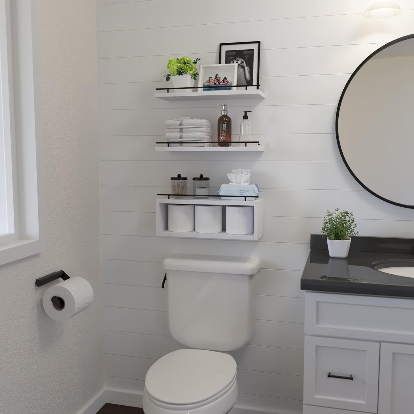 WOPITUES Floating Shelves for Wall with Cube Shelf, Wall Shelves with Metal Rail for Bathroom Decor, Bathroom Organizers and Storage, Over Toilet Shelves for Toilet Paper-Black