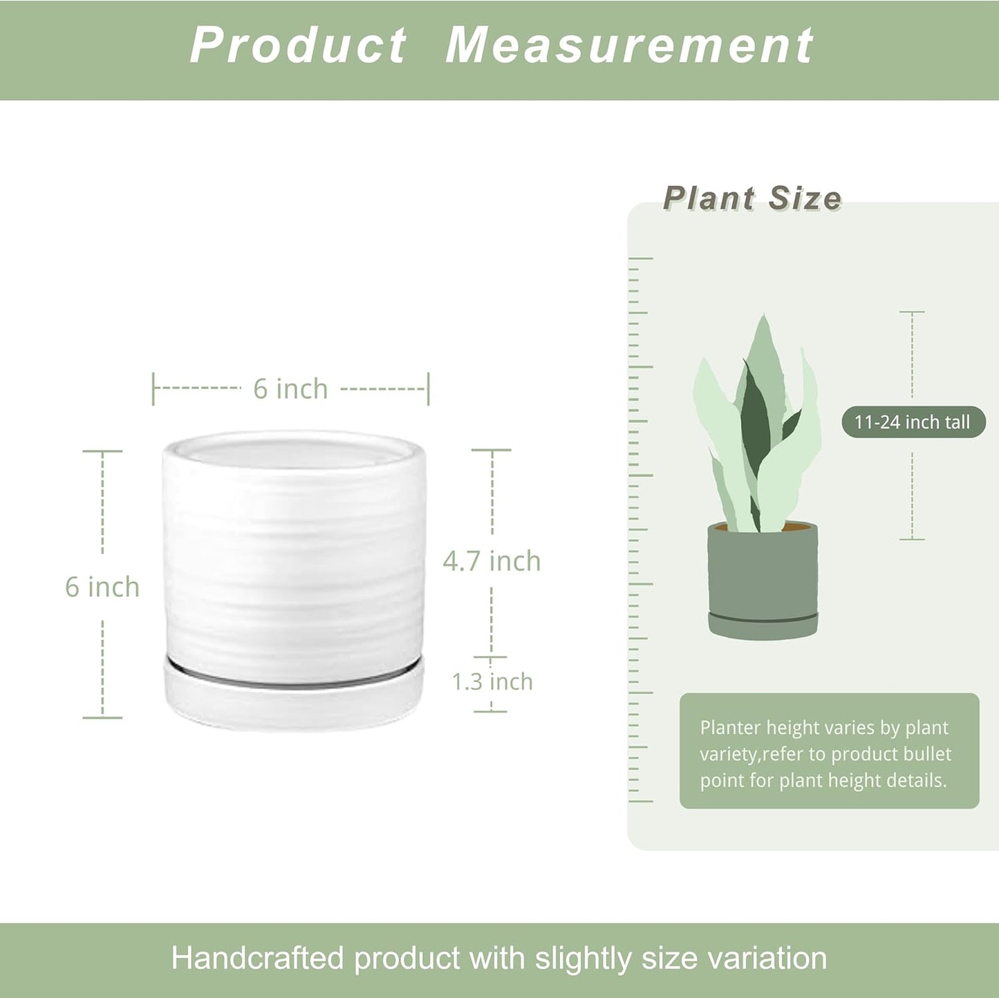 HERDUK 6 Inch Plant Pots, Ceramic Planter Pot with Drainage Hole & Saucer, Indoor/Outdoor Cylinder Round Planter Pot, Green & Beige