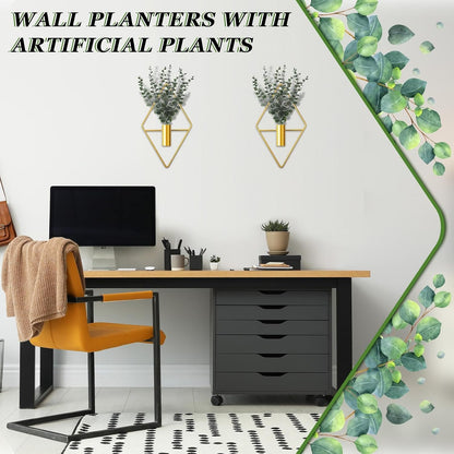 Jexine 4 Pcs Hanging Planters with Artificial Eucalyptus Metal Hanging Vase Indoor Plants Holder Modern Geometric Boho Bathroom Wall Decor for Living Room Home Office(Black)