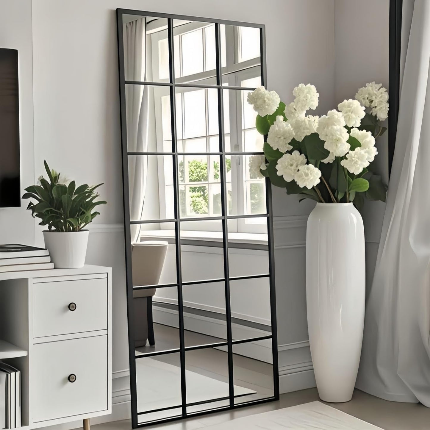 Dewfig 65"x 22" Arched Window pane Full Length Mirror, Wall Mirror, Floor Standing Mirrors, Farmhouse Long Full Body Mirrors Wall Mounted for Living Room, Bedroom, Entryway, Fireplace, Black