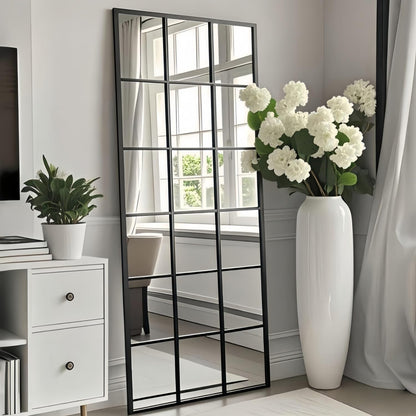 Dewfig 65"x 22" Arched Window pane Full Length Mirror, Wall Mirror, Floor Standing Mirrors, Farmhouse Long Full Body Mirrors Wall Mounted for Living Room, Bedroom, Entryway, Fireplace, Black