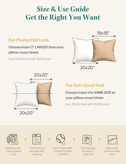 APSMILE Organic Cotton Goose Feather Down Plus Throw Pillow Inserts, 18x18 Inch Set of 2, Soft Supportive Square Decorative Pillow Forms for Couch, Sofa, Bed