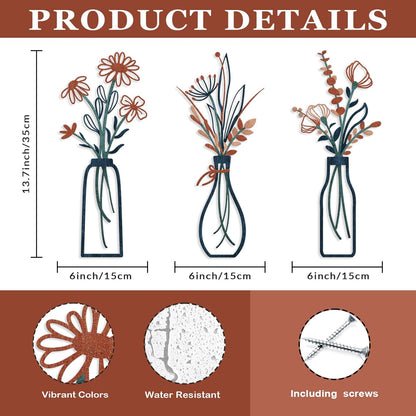 Pigort 3 Pieces Metal Flowers Wall Art- Rustic Farmhouse Decor Minimalist Decor for Living Room Bathroom Bedroom Dining Room, Housewarming Gifts Christmas Decoration(Beige, Vase-C)