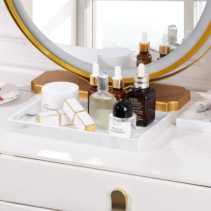 Luxspire Bathroom Vanity Tray, 8 x 4 inch Resin Kitchen Sink Tray for Soap Dispenser Bathroom Countertop Organizer Plate Holder for Perfume Soap Towel Bathroom Accessories, Mini, White Marble