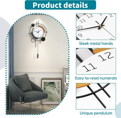 Decorative Wall Clock for Living Room Decor Large Modern Wall Clocks with Pendulum Battery Operated for Bedroom Office Kitchen Home Small Black Silent Wall Clock Non Ticking 11.8*22.4 Inch