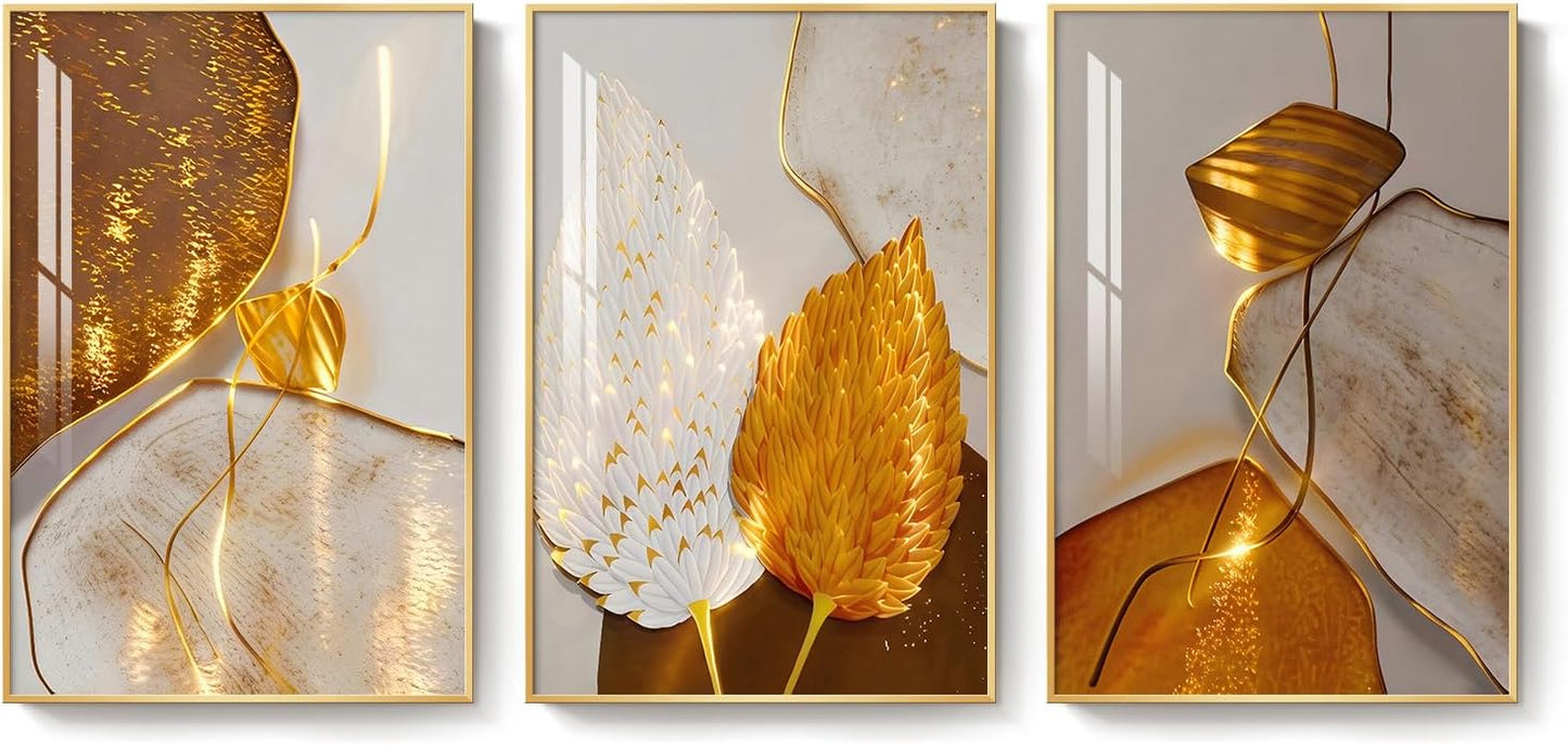 Framed Modern Luxury Gold Wall Art, Set of 3 Piece Contemporary Paintings Artwork for Walls, Golden Prints Pictures with Gold Frame, Wall Decor for Living Room, Hallway, Bedroom, Office 16x24 Inch