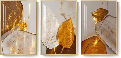 Framed Modern Luxury Gold Wall Art, Set of 3 Piece Contemporary Paintings Artwork for Walls, Golden Prints Pictures with Gold Frame, Wall Decor for Living Room, Hallway, Bedroom, Office 16x24 Inch