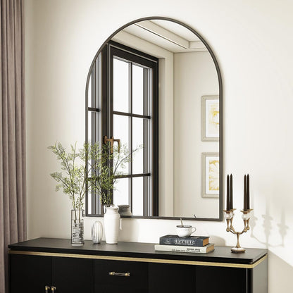 VooBang Arched Wall Mirror, 24 x 36 inch Arch Bathroom Mirror, Wall Mounted Vanity Mirror with Arch Metal Frame, Modern Bathroom Vanity Mirror for Bedroom, Living Room, Hanging or Leaning, Black