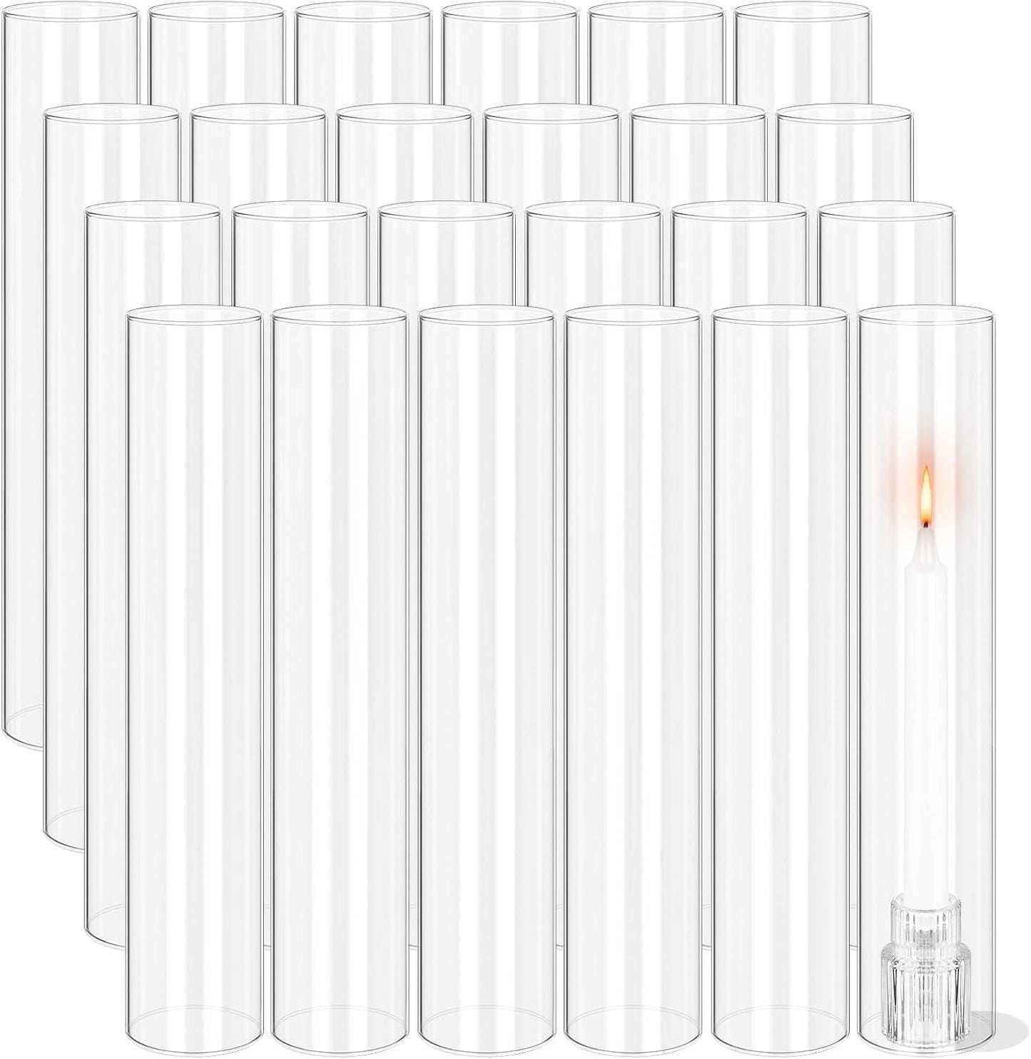 24 PCS Hurricane Candle Holder, 2.5" W x 14" H Open Ended Glass Candle Cylinder Sleeve, Clear Glass Cylinder Candle Holder, Open Flame Candle Chimney Tube Cover, Bottomless Cylindrical Glass