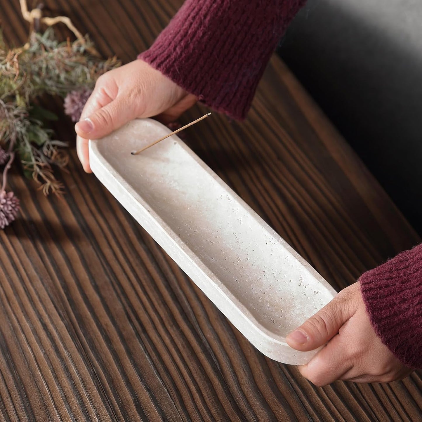Koville Natural Marble Incense Holder, Incense Holder for Sticks with 9 Holes, Handmade Incense Burner Ash Catcher for Meditation Yoga SPA, Balsam Fir/Palo Santo/Sage/Cone (Green)