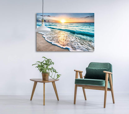 Baisuart S02250 Canvas Prints Wall Art Beach Sunset Ocean Waves Nature Pictures Stretched Canvas Wooden Framed for living Room Bedroom and Office