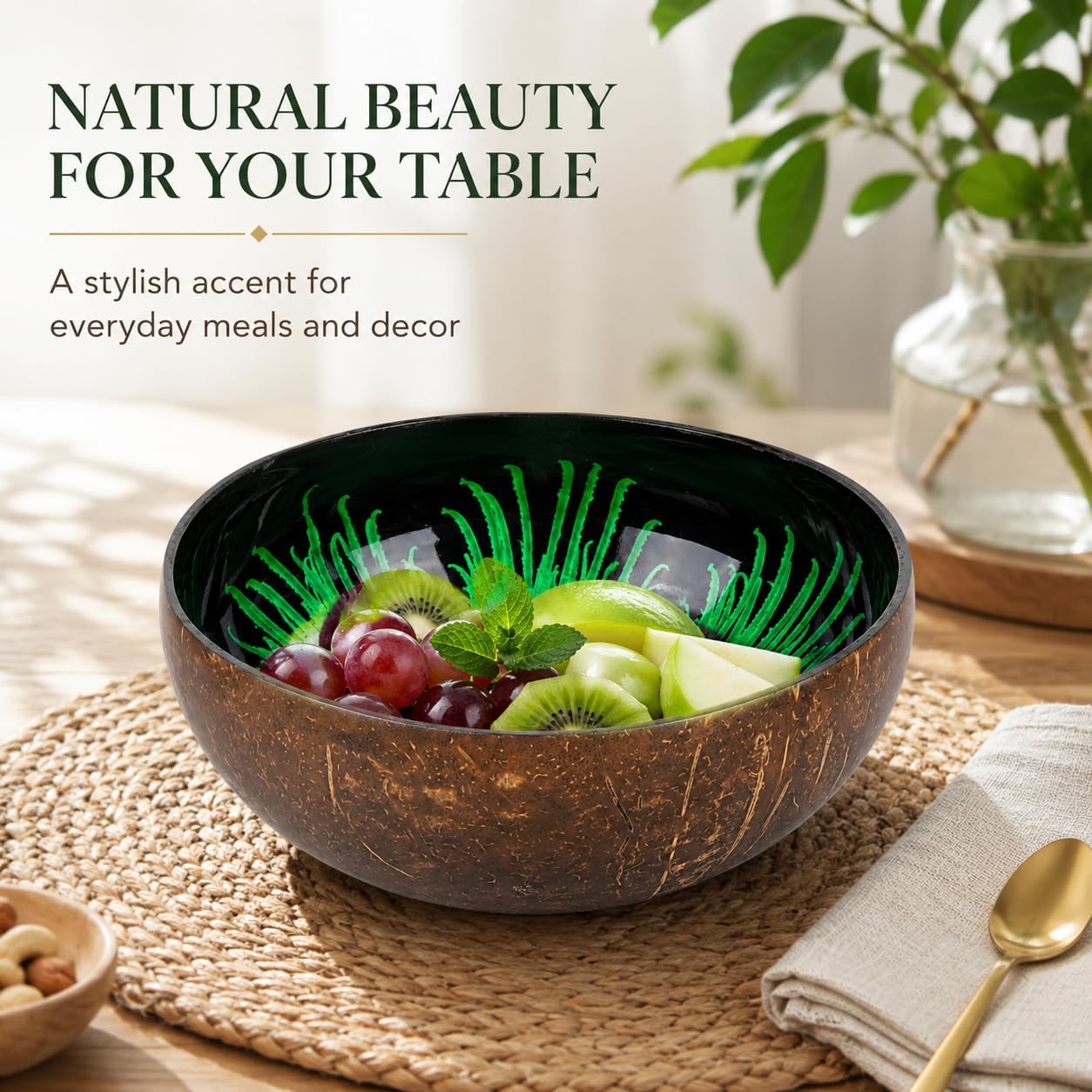 ChezMax Natural Coconut Bowl with Mother of Pearl Inlays - Key Bowl & Fruit Snack Holder (Blue-Gold)