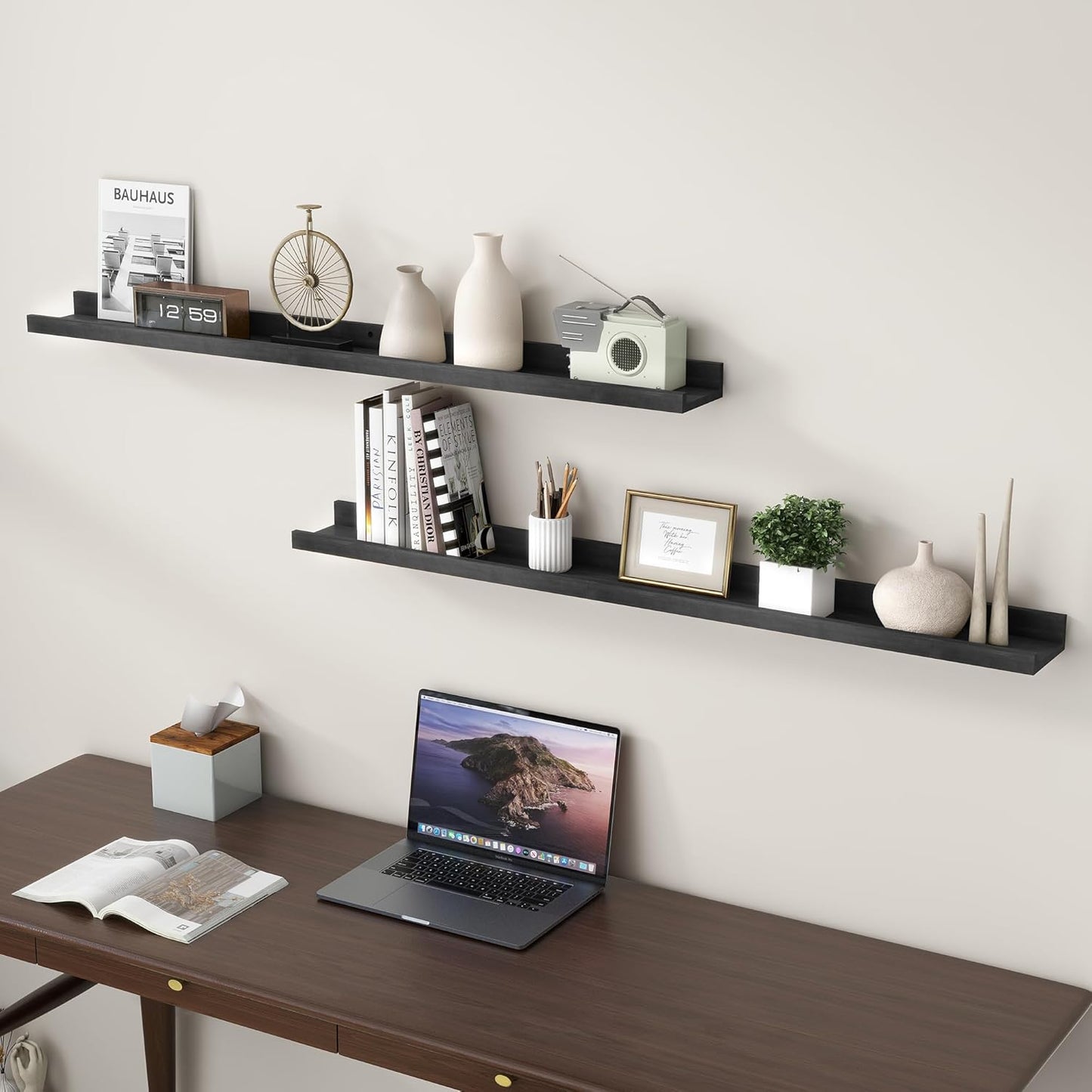 FLYJOE Picture Ledge Shelf, Floating Shelves Set of 2, Solid Pine Wood 55'' Long Large Nursery Book Shelves for Toys Storage, Kids Bookshelf for Living Room Bedroom Decor Books Photo Frames, Walnut