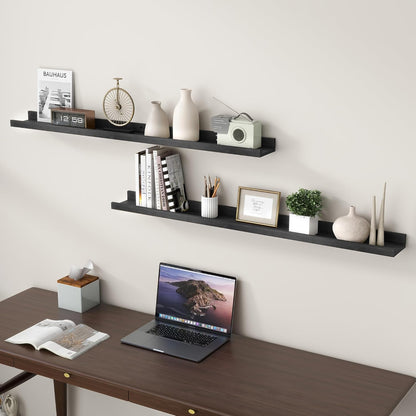 FLYJOE Picture Ledge Shelf, Floating Shelves Set of 2, Solid Pine Wood 55'' Long Large Nursery Book Shelves for Toys Storage, Kids Bookshelf for Living Room Bedroom Decor Books Photo Frames, Walnut