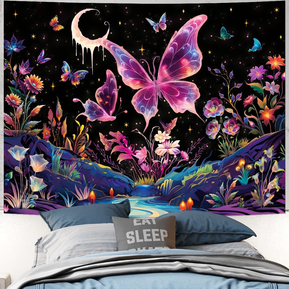 Yuiqear Blacklight Butterfly Tapestry UV Reactive Floral Plant Tapestries Trippy Nature Landscape Wall Tapestries Mysterious Starry Night Sky Tapestry Wall Hanging for Bedroom Decor