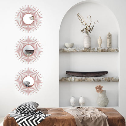 3 Pack Metal Mirrors for Wall Sunburst Wall Mirrors Home Décor Decorative Hanging Wall Art for Living Room Bedroom Entryway (Gold, Flower+Sunburst)