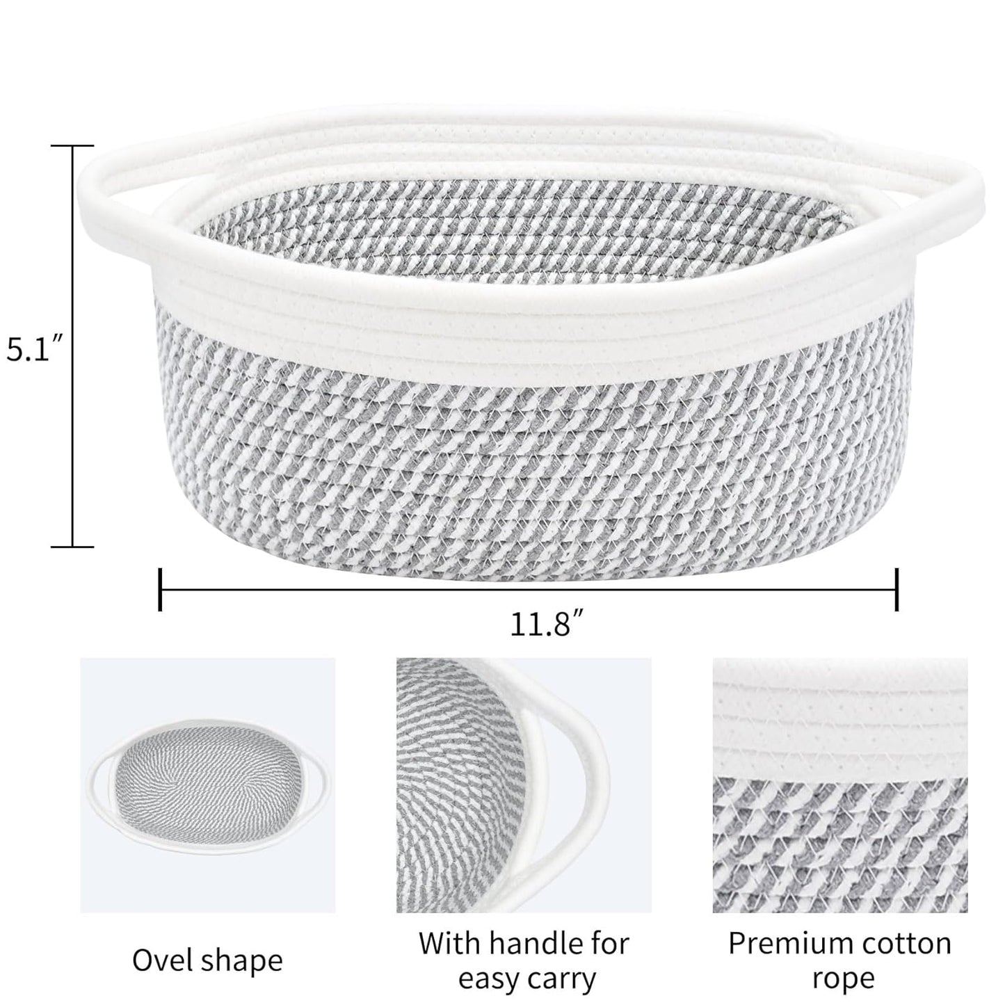 ABenkle Small Basket with Handles, Boho Decorative Rope Woven Dog Cat Toy Storage Bin Shelf Storage Organizer, Easter Christmas Gift Basket, 12"x8"x5", White
