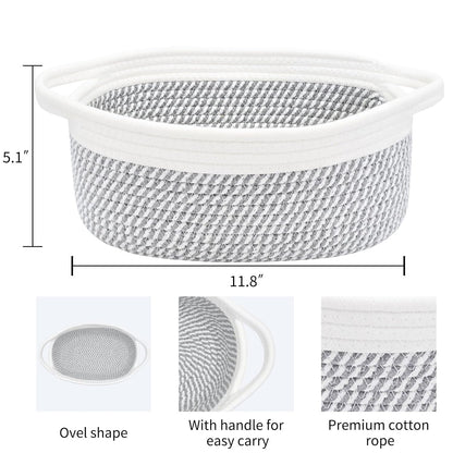 ABenkle Small Basket with Handles, Boho Decorative Rope Woven Dog Cat Toy Storage Bin Shelf Storage Organizer, Easter Christmas Gift Basket, 12"x8"x5", White