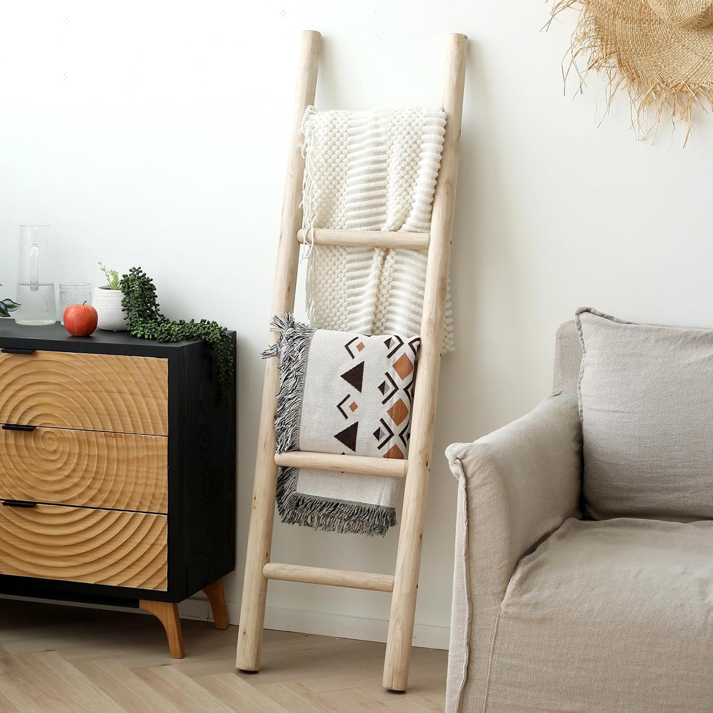 FUIN 57in Wood Blanket Ladder Living Room Decorative Wall Leaning Farmhouse Quilt Display Holder Rustic Wooden Towel Rack for Bathroom, Brown