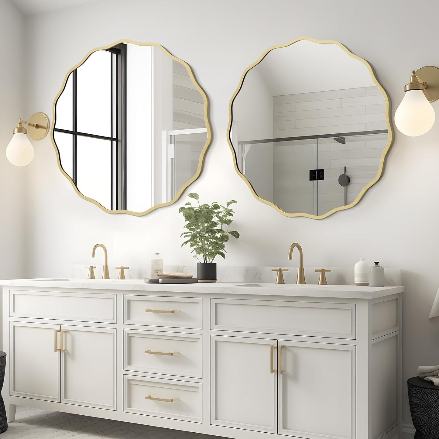 WallBeyond Round Wavy Mirror for Wall Decorative 24 inch, Modern Round Mirror Aluminum Frame for Bathroom Bedroom Living Room Home House Office Entryway, Gold