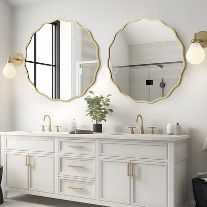 WallBeyond Round Wavy Mirror for Wall Decorative 24 inch, Modern Round Mirror Aluminum Frame for Bathroom Bedroom Living Room Home House Office Entryway, Gold