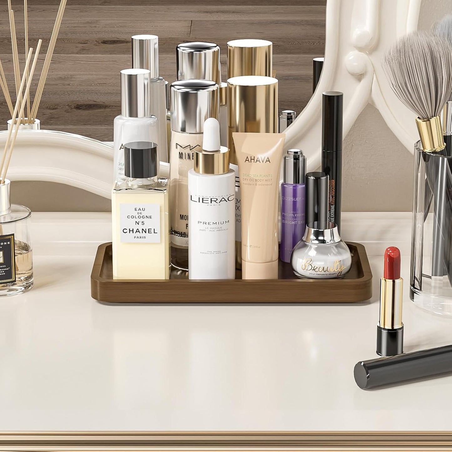 Bathroom Vanity Tray for Countertop - Bamboo Organizer Tray for Dresser Tops, Toilet, Perfume Small Decorative Tray Wood Tray for Home Decoration 11.81” L x 6.1” W x 0.79” H Black