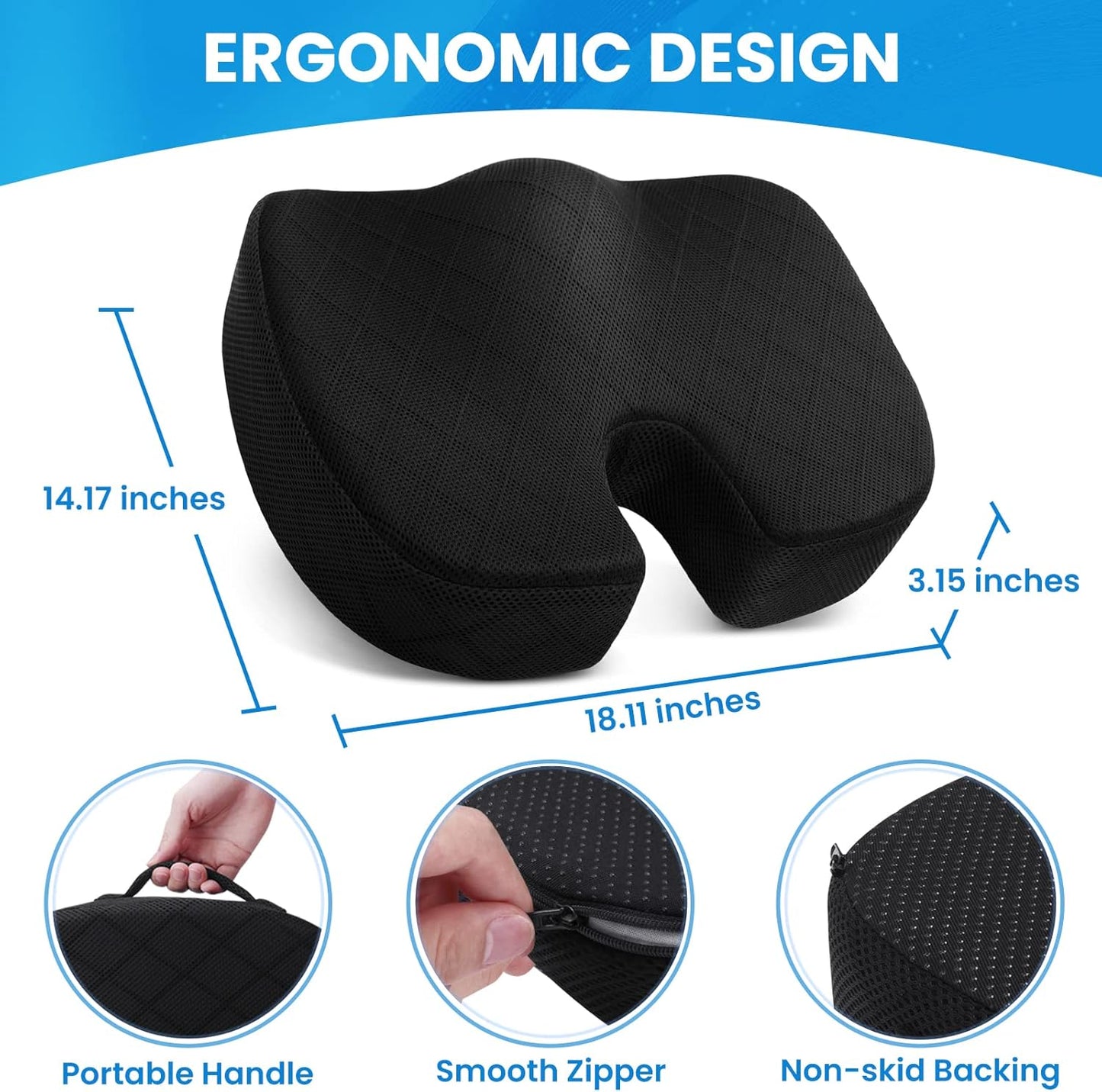 TushGuard Seat Cushion - Memory Foam Cushion for Office Chair, Car Seat, Airplane, Bleacher - Sciatica & Hip & Coccyx Pain Relief Desk Chair Cushion for Long Sitting Office Workers, Car Drivers