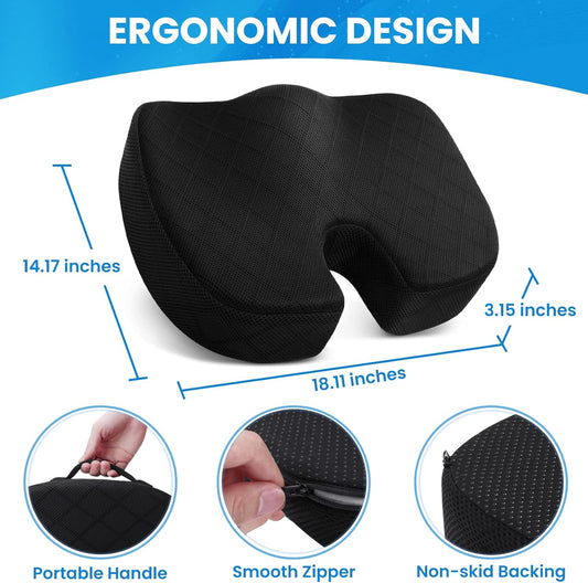 TushGuard Seat Cushion - Memory Foam Cushion for Office Chair, Car Seat, Airplane, Bleacher - Sciatica & Hip & Coccyx Pain Relief Desk Chair Cushion for Long Sitting Office Workers, Car Drivers