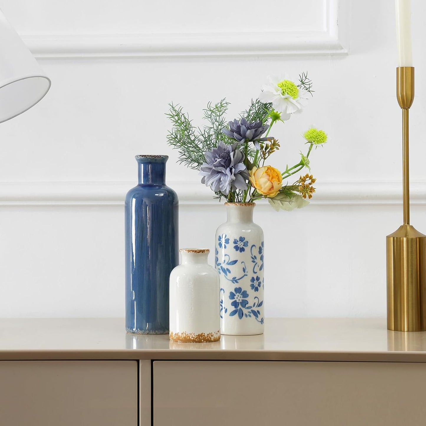 Modern Ceramic Vase Set of 5, Vases Home Decor Rustic Farmhouse Decorative Vase Pottery Vases for Bouquet Pampas Grass Dried Fresh Flowers, Table Living Room Kitchen Bedroom
