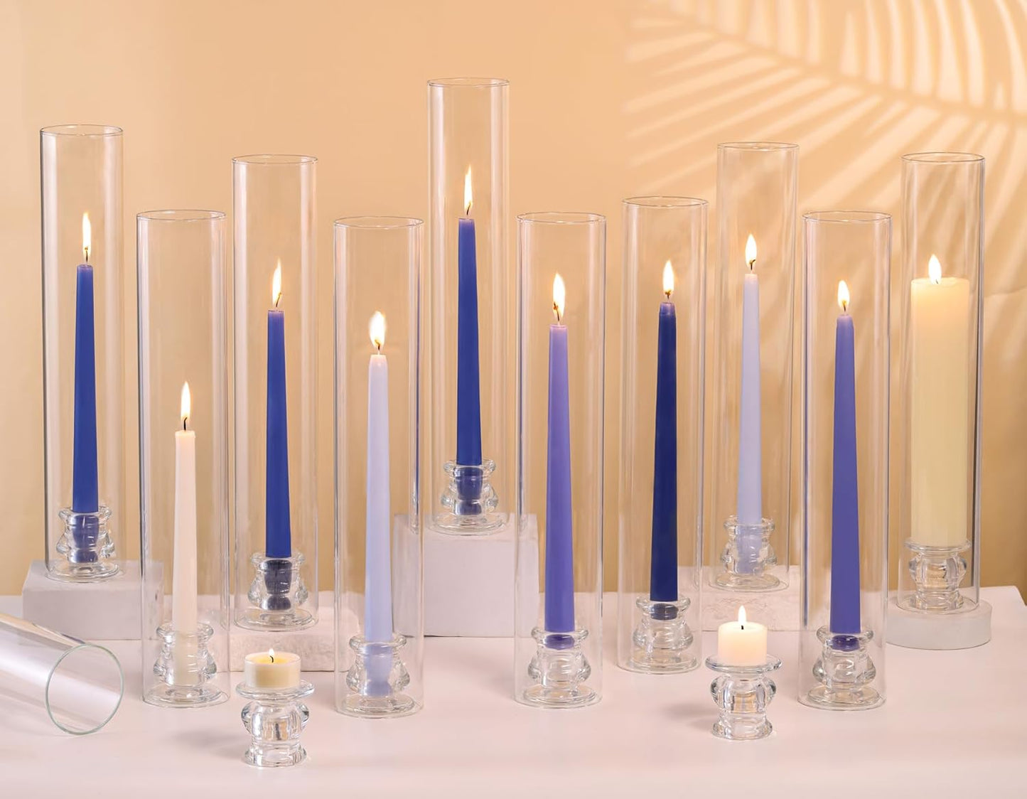 Volens Hurricane Glass Candle Holders - Set of 6 Candlestick Holders for Taper Candles with Windproof Cylinder Covers 14" Tall Clear Glass Chimney Cover for Wedding Table Centerpiece Home Decor