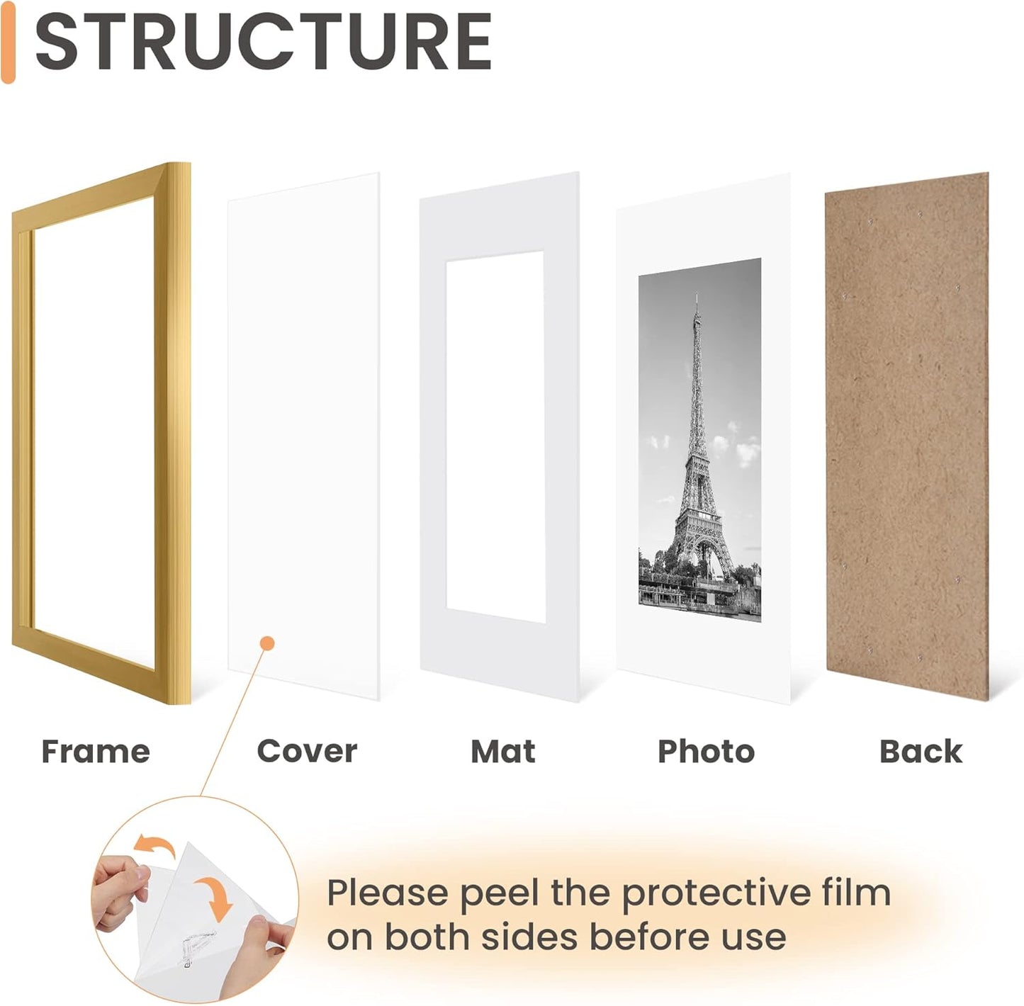 upsimples 11x14 Picture Frame Set of 5, Display Pictures 8x10 with Mat or 11x14 Without Mat, Wall Gallery Photo Frames, Black