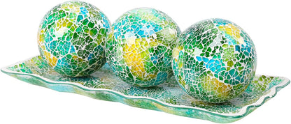 VCUTEKA Decorative Balls and Glass Bowl, 4 Inch Mosaic Sphere Balls Centerpiece Balls for Coffee Table, Home Decor, Wedding Party Decor, Green
