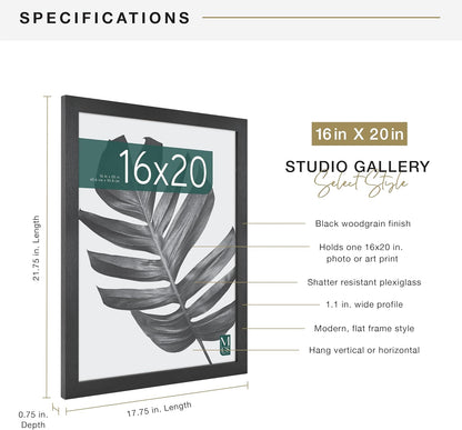 MCS Studio Gallery 16x24 Poster Frame Black Woodgrain Engineered Wood, Vertical & Horizontal Wall Hanging Large Picture Frame for Photos, Posters & Art Prints (1-Pack)