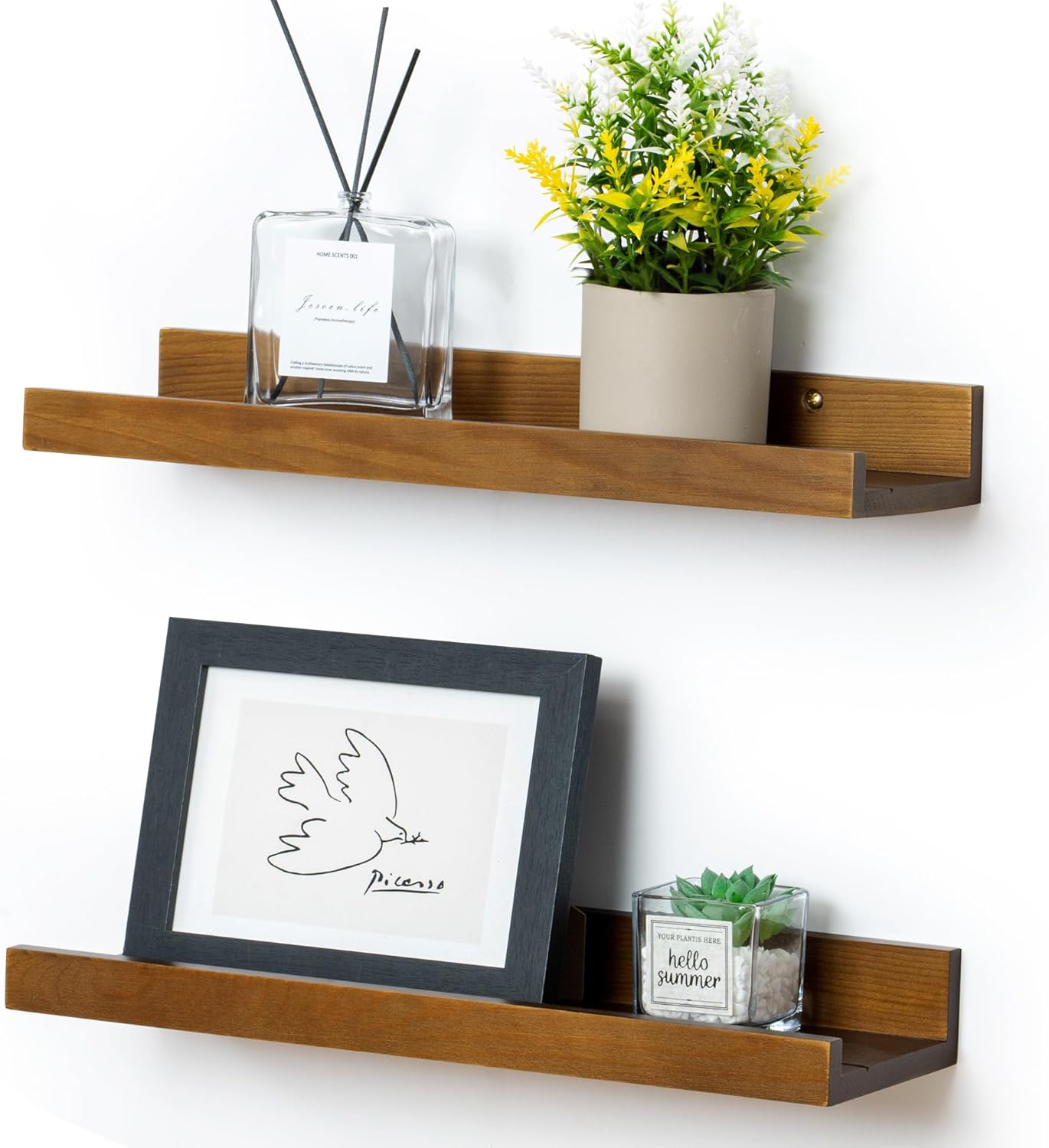 FLYJOE Picture Ledge Shelf, Floating Shelves Set of 2, Solid Pine Wood 55'' Long Large Nursery Book Shelves for Toys Storage, Kids Bookshelf for Living Room Bedroom Decor Books Photo Frames, Walnut