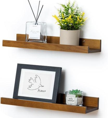 FLYJOE Picture Ledge Shelf, Floating Shelves Set of 2, Solid Pine Wood 55'' Long Large Nursery Book Shelves for Toys Storage, Kids Bookshelf for Living Room Bedroom Decor Books Photo Frames, Walnut
