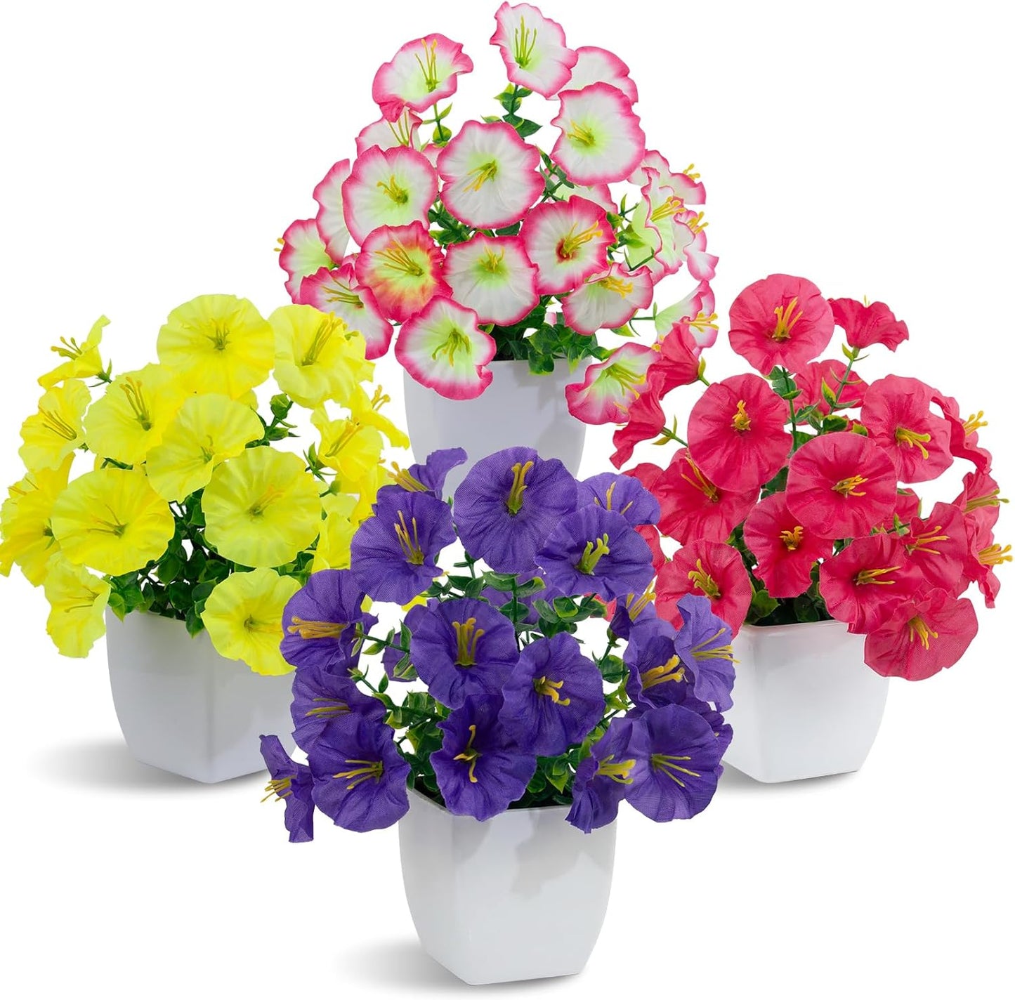 LOYWREE 4 Pack Small Artificial Mums Flowers in White Pots, Fake Mini Potted Plants, Spring Floral Decor for Home Bathroom Shelves Office Desk Table Centerpiece Indoor Decoration