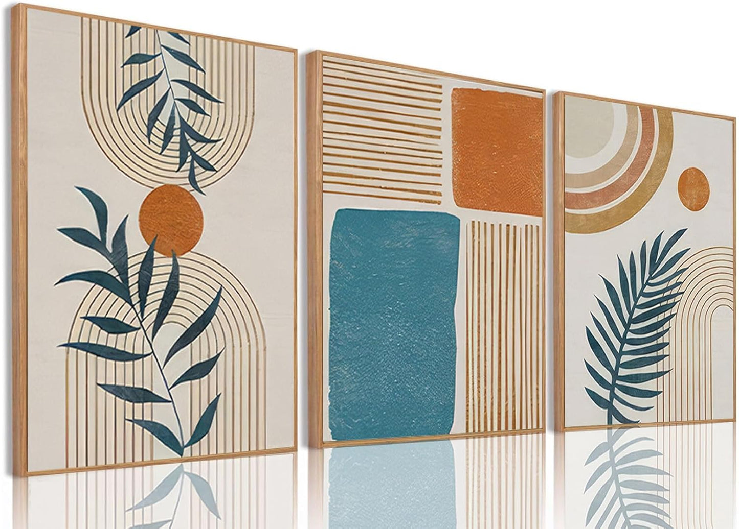 Bwodke Boho Wall Art, Framed Abstract Wall Art, Green Botanical Neutral Canvas Wall Decor, Large Mid Century Plant Pictures Set of 3, Modern Minimalist Paintings, for Bedroom Living Room Bathroom