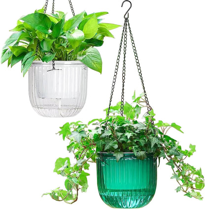 Melphoe 2 Pack Self Watering Hanging Planters Indoor Flower Pots, 6.5 Inch Outdoor Hanging Basket, Plant Hanger with 3Hooks Drainage Holes for Garden Home (Emerald)