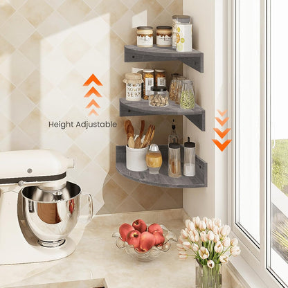 Homode Corner Shelf Wall Mount, Set of 3 Floating Corner Shelves with Cord Hole, 3 Tier Wood Wall Display Shelf, Storage for Bathroom Living Room Kitchen Bedroom, Rustic Brown and Black