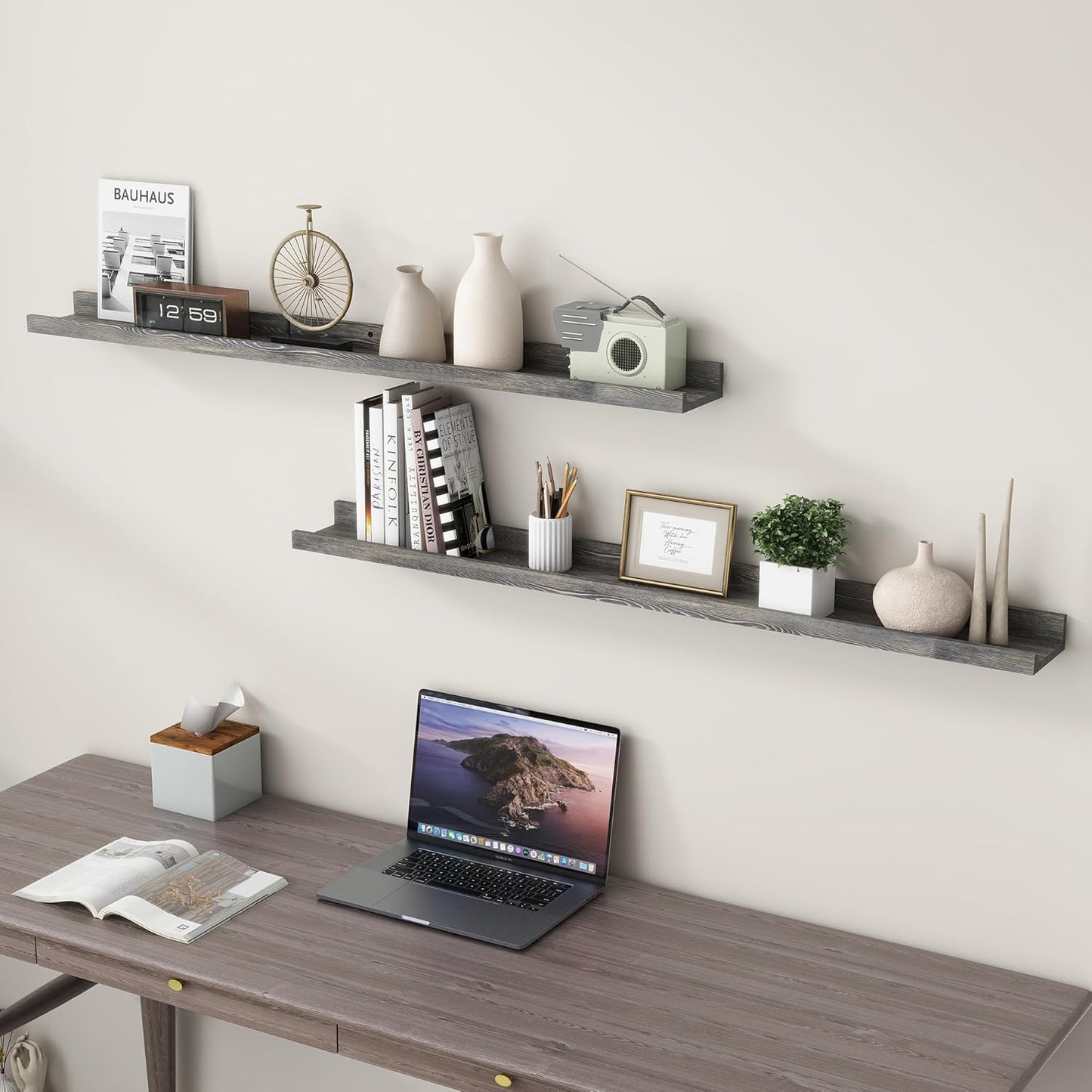FLYJOE Picture Ledge Shelf, Floating Shelves Set of 2, Solid Pine Wood 55'' Long Large Nursery Book Shelves for Toys Storage, Kids Bookshelf for Living Room Bedroom Decor Books Photo Frames, Walnut