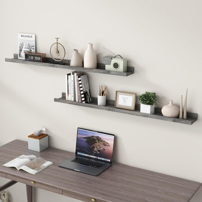 FLYJOE Picture Ledge Shelf, Floating Shelves Set of 2, Solid Pine Wood 55'' Long Large Nursery Book Shelves for Toys Storage, Kids Bookshelf for Living Room Bedroom Decor Books Photo Frames, Walnut