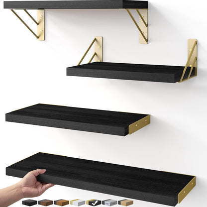 BAYKA Wall Mounted Floating Bathroom Shelves, Wood Wall Shelf for Bathroom Essentials & Decor, Space-Saving Display & Organizer (Black, Set of 4)