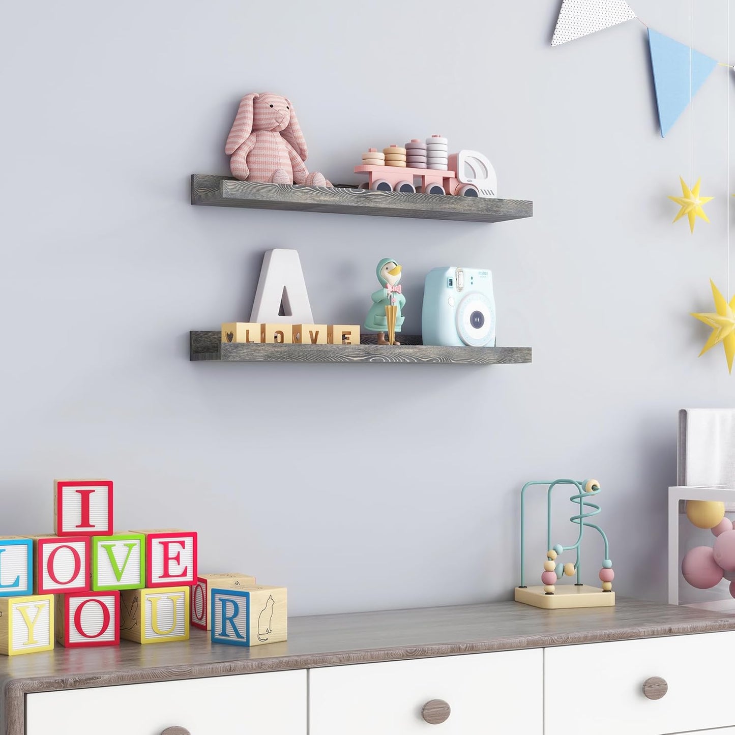 FLYJOE Picture Ledge Shelf, Floating Shelves Set of 2, Solid Pine Wood 55'' Long Large Nursery Book Shelves for Toys Storage, Kids Bookshelf for Living Room Bedroom Decor Books Photo Frames, Walnut