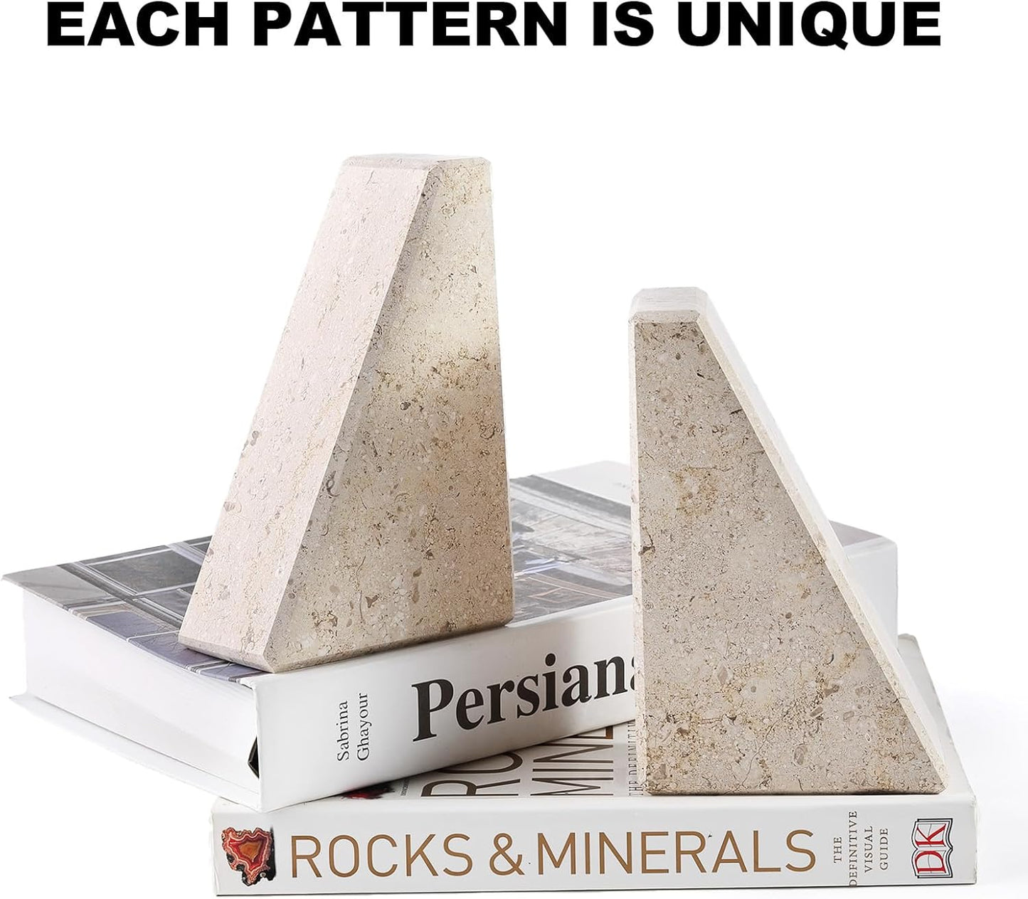 Karibiber Travertine Bookends for Heavy Books, Marble Decorative Bookends for Shelves, Heavy-Duty Stone Book Ends for Hardback Book & Cookbooks, Unique Book Stopper & Holder, Travertino Italy