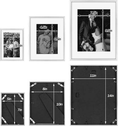 Frametory, Black Aluminum Picture Frame with Removable Mat - Set of 7 Includes Four 5x7, Two 8x10, One 11x14 - Real Glass Front - Simple Gallery Wall Frames for Art Prints and Posters