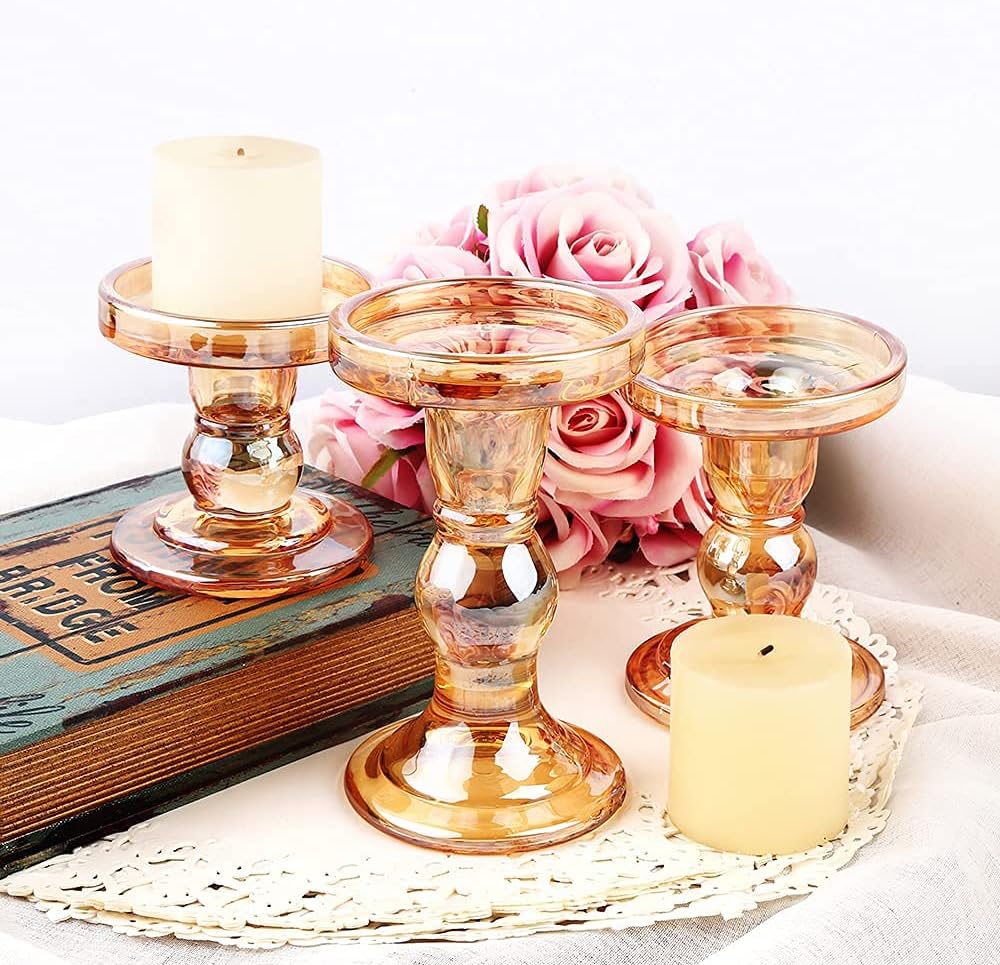 6-Piece Set of Glass Candlestick, Crystal Candlestick Holder Holder and Conical Candle, Christmas Candle Holder Decoration, Family Living Room Wedding Candle Holder (Clear 2sets)